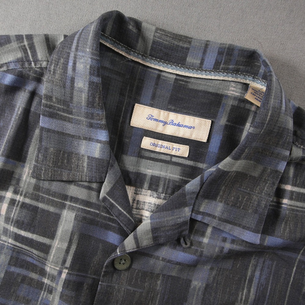 Tommy Bahama Abstract Plaid Silk Men Shirt L Hawaiian Aloha Geometric Coastal
